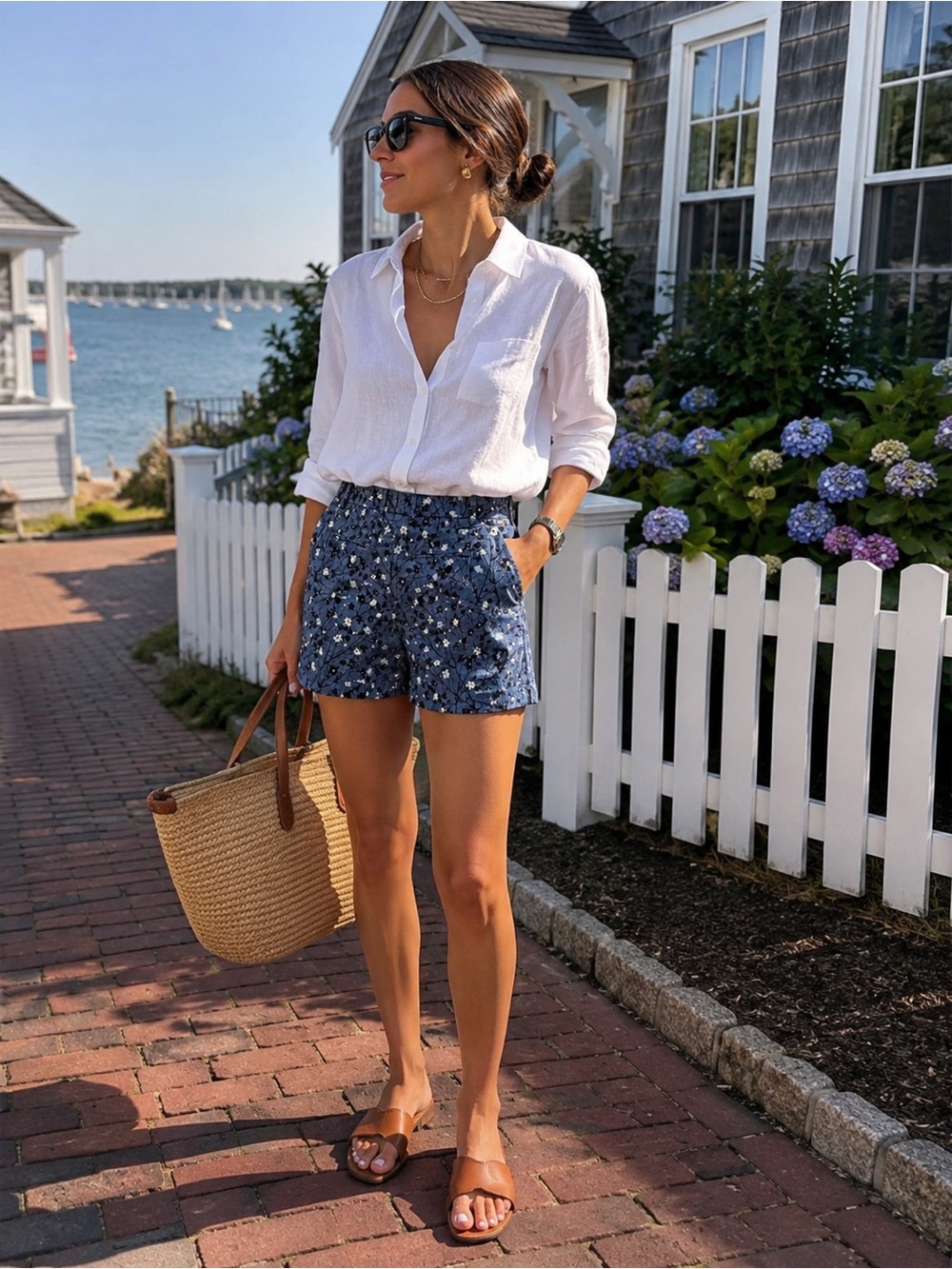 GAP Blue Floral Chambray Tailored Shorts | High Waist Preppy Coastal Summer
